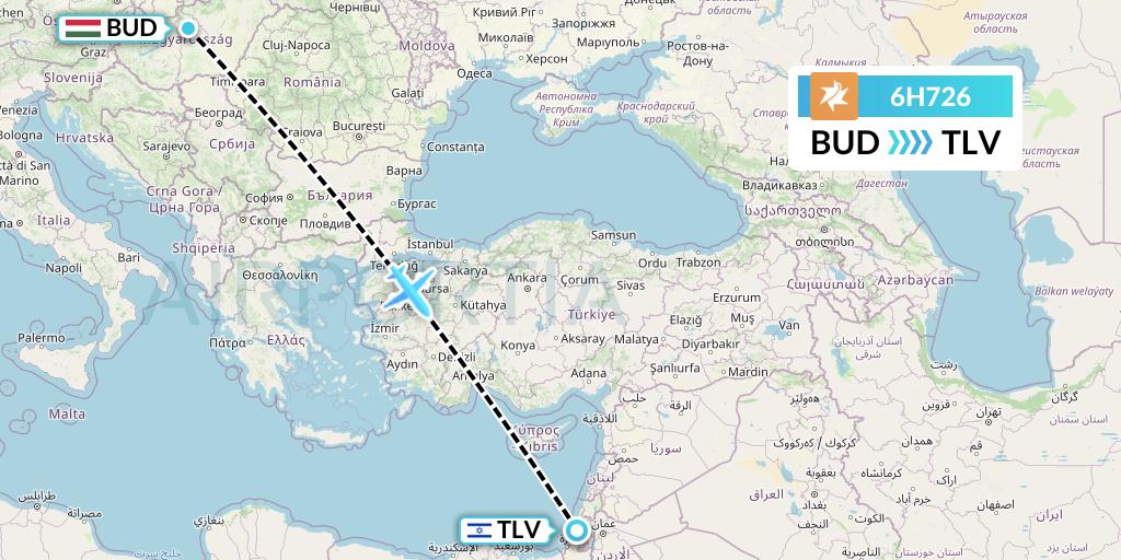 6H726 Israir Airlines Flight Map: Budapest to Tel Aviv