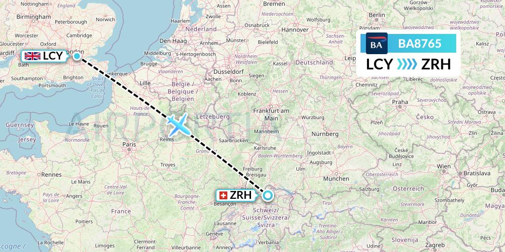 BA8765 British Airways Flight Map: London to Zurich