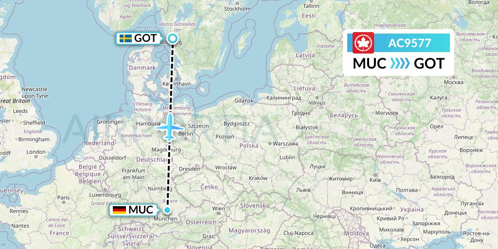 AC9577 Air Canada Flight Map: Munich to Gothenburg