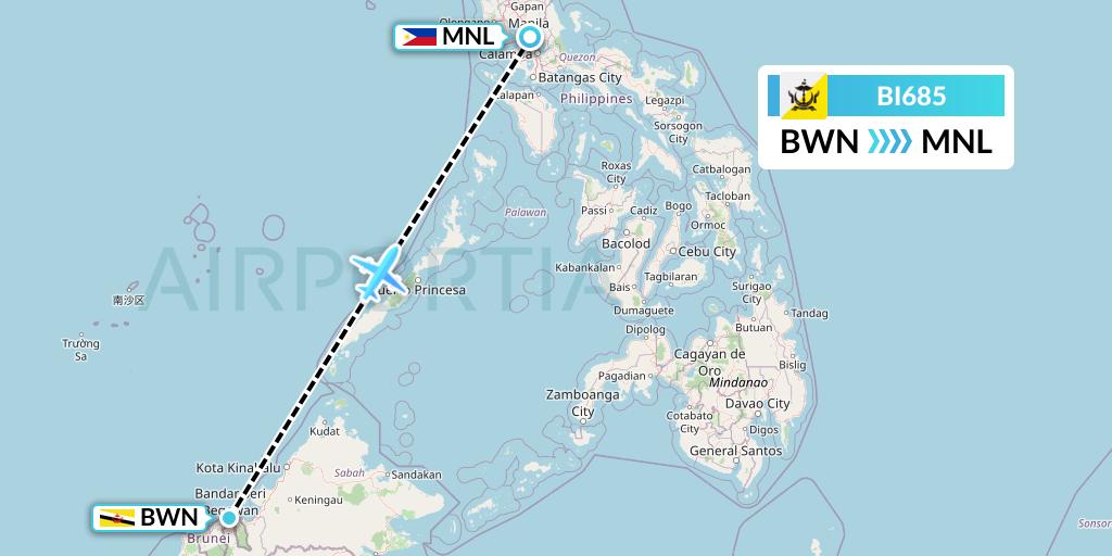 BI685 Royal Brunei Airlines Flight Map: Brunei to Manila