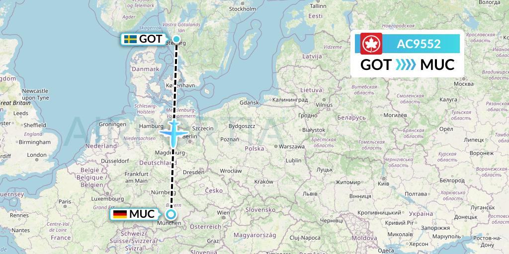 AC9552 Air Canada Flight Map: Gothenburg to Munich