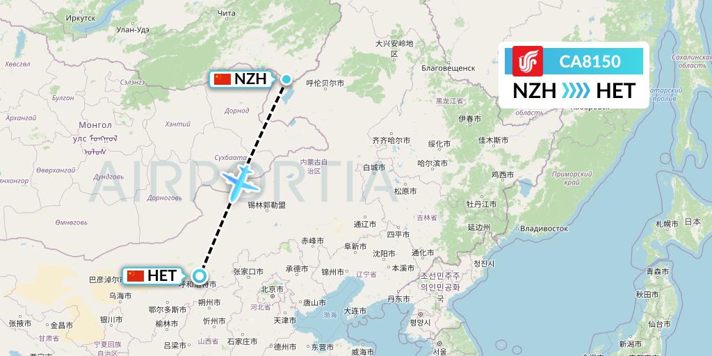 CA8150 Air China Flight Map: Manzhouli to Hohhot