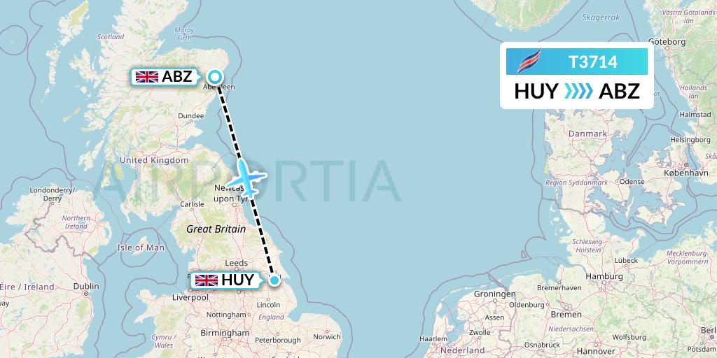 T3714 Eastern Airways Flight Map: Humberside to Aberdeen
