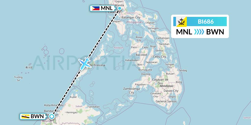 BI686 Royal Brunei Airlines Flight Map: Manila to Brunei