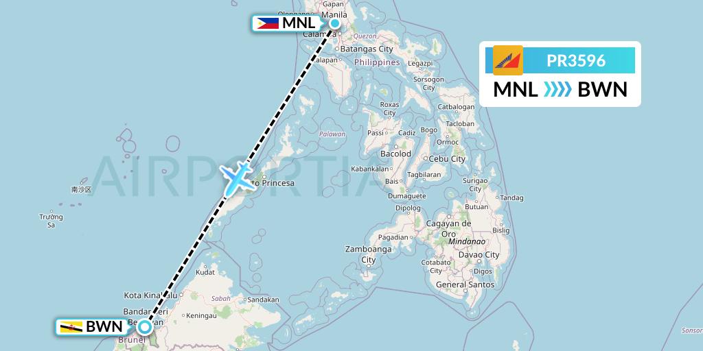 PR3596 Philippine Airlines Flight Map: Manila to Brunei