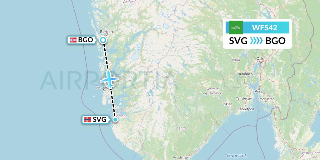 WF542 Wideroe Flight Map: Stavanger to Bergen