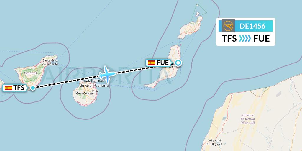 DE1456 Condor Flight Map: Tenerife to Fuerteventura