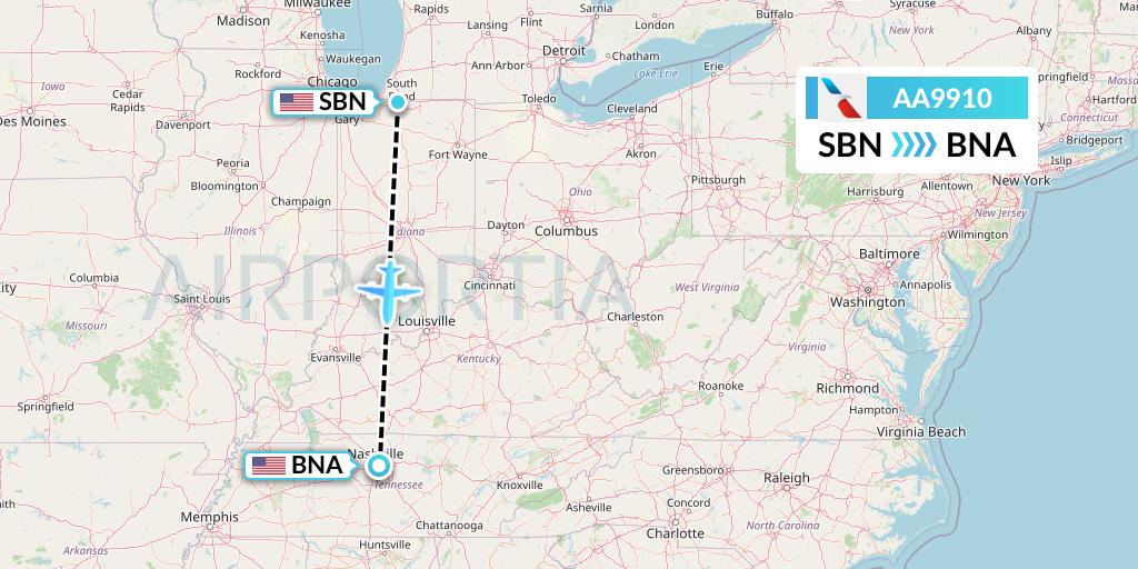 AA9910 American Airlines Flight Map: South Bend to Nashville