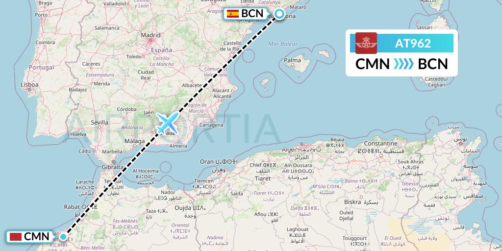 AT962 Royal Air Maroc Flight Map: Casablanca to Barcelona
