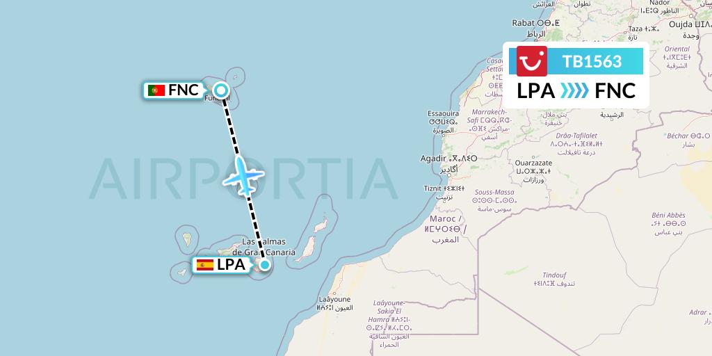 TB1563 TUI fly Belgium Flight Map: Las Palmas to Funchal