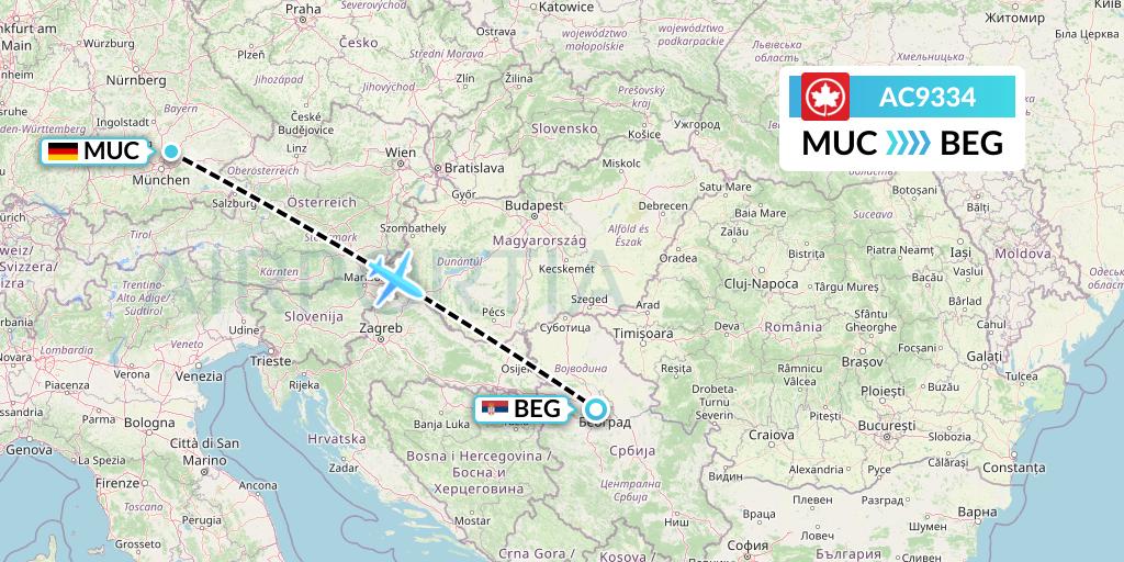 AC9334 Air Canada Flight Map: Munich to Belgrade