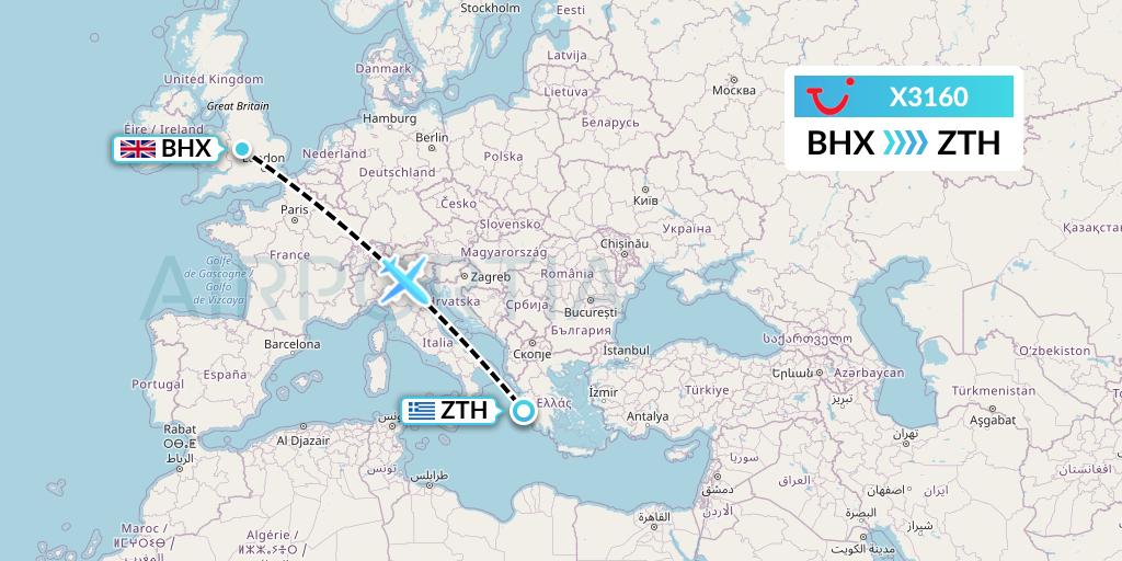X3160 TUI fly Germany Flight Map: Birmingham to Zakynthos