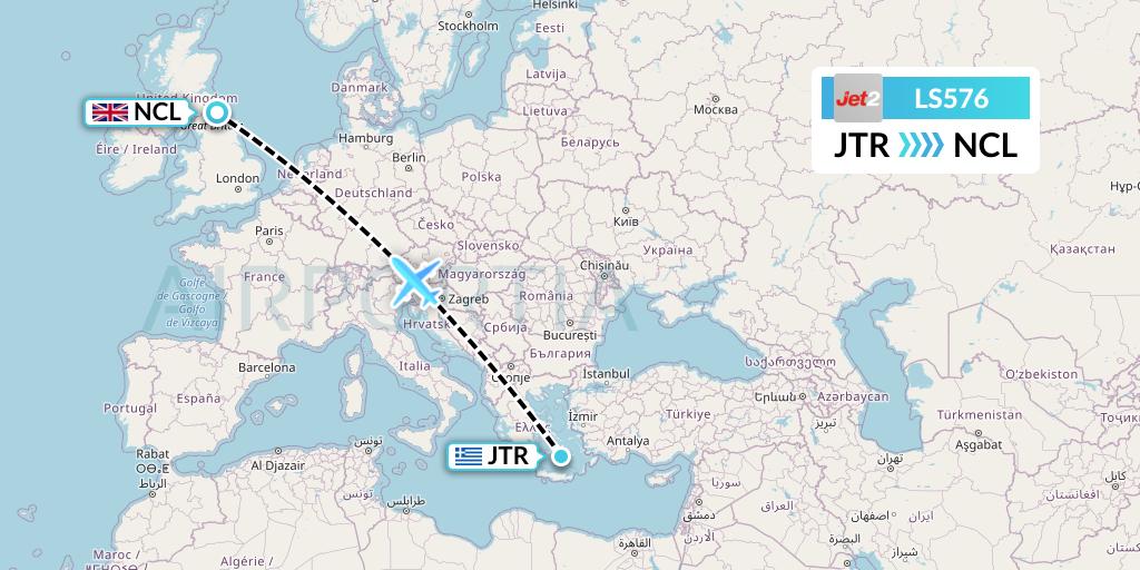 LS576 Jet2 Flight Map: Santorini to Newcastle