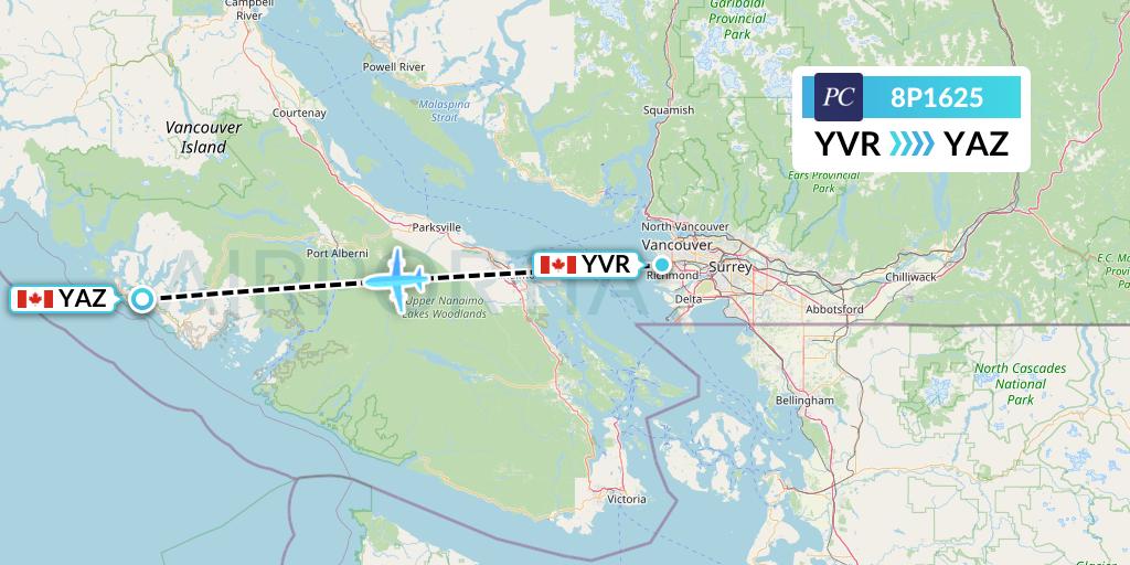 8P1625 Pacific Coastal Airlines Flight Map: Vancouver to Tofino