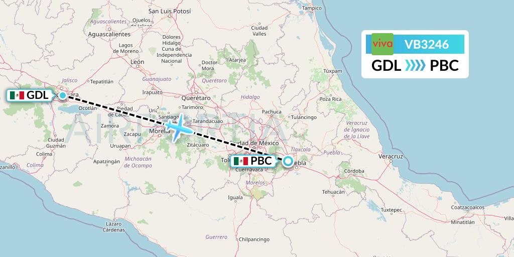 VB3246 VivaAerobus Flight Map: Guadalajara to Puebla