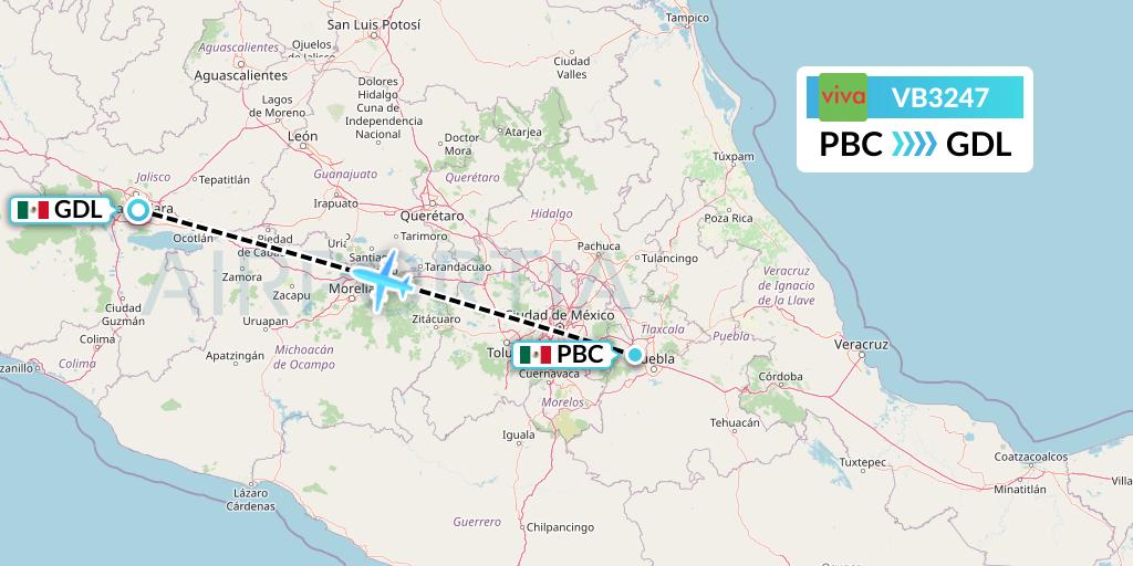 VB3247 VivaAerobus Flight Map: Puebla to Guadalajara