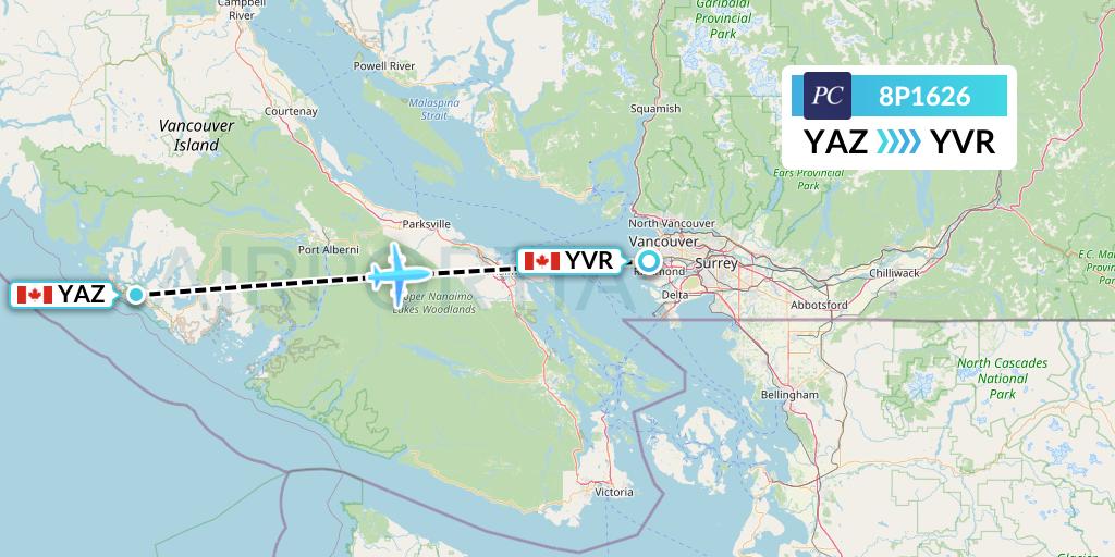 8P1626 Pacific Coastal Airlines Flight Map: Tofino to Vancouver