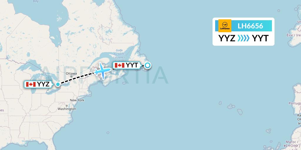 LH6656 Lufthansa Flight Map: Toronto to St. John's
