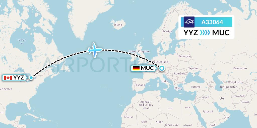 A33064 Aegean Airlines Flight Map: Toronto to Munich