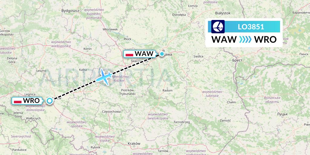 LO3851 LOT Flight Map: Warsaw to Wroclaw