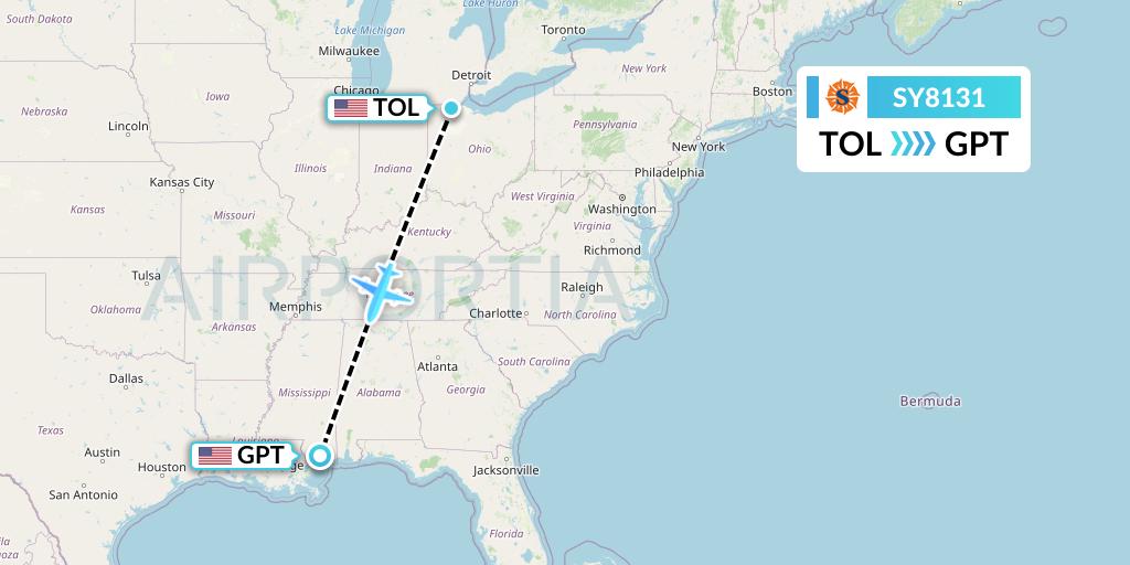 SY8131 Sun Country Airlines Flight Map: Toledo to Gulfport