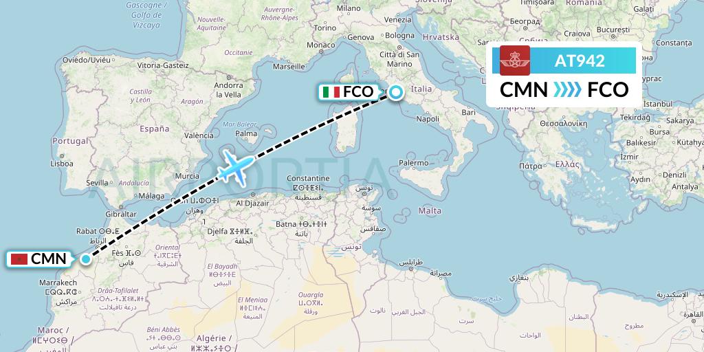 AT942 Royal Air Maroc Flight Map: Casablanca to Rome