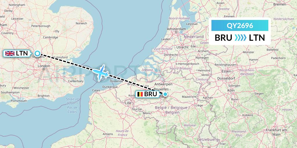QY2696 European Air Transport Flight Map: Brussels to London