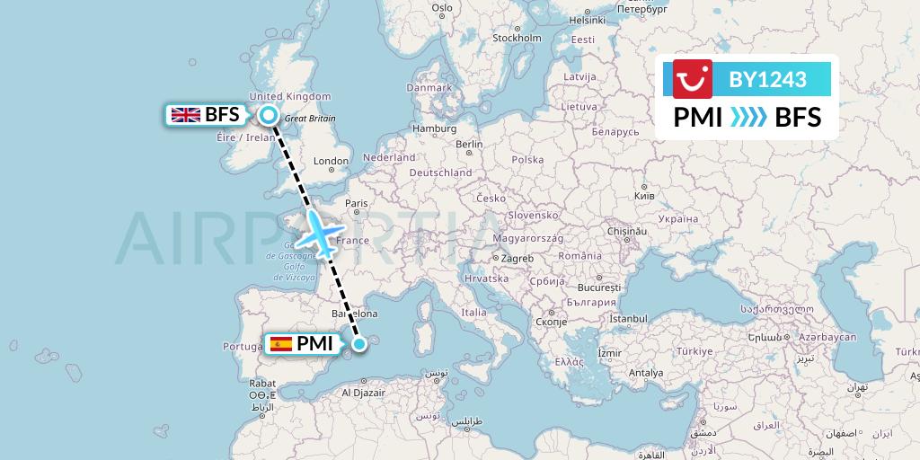 BY1243 TUI Airways Flight Map: Palma de Mallorca to Belfast