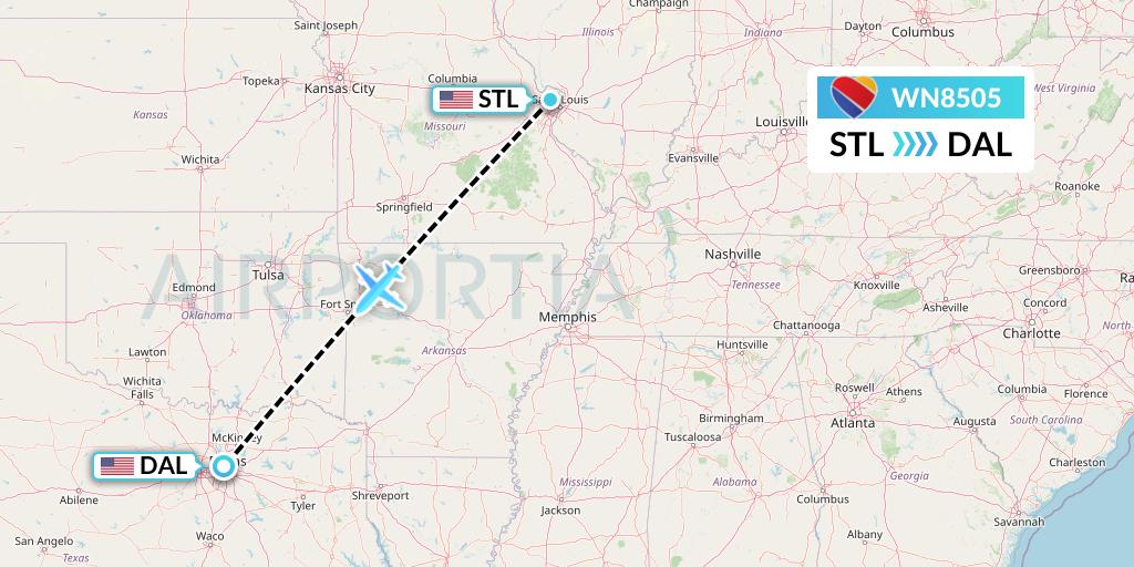 WN8505 Southwest Airlines Flight Map: St. Louis to Dallas