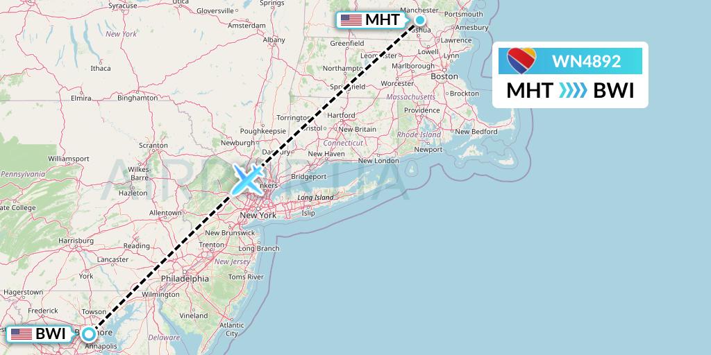 WN4892 Southwest Airlines Flight Map: Manchester to Baltimore