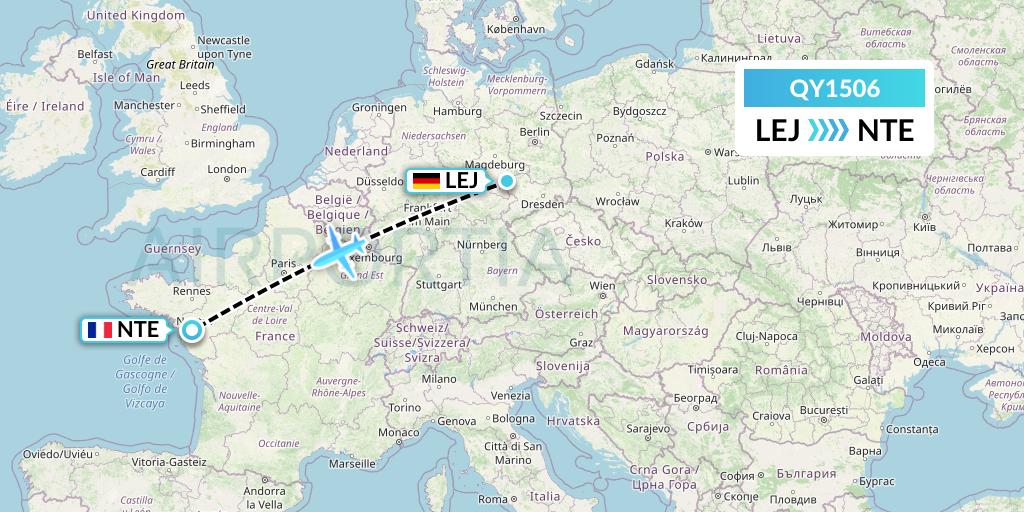 QY1506 European Air Transport Flight Map: Leipzig to Nantes