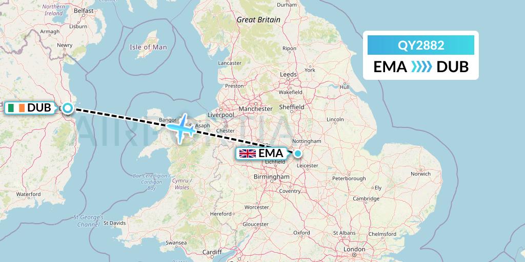 QY2882 European Air Transport Flight Map: East Midlands to Dublin