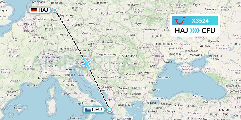X3524 TUI fly Germany Flight Map: Hannover to Corfu