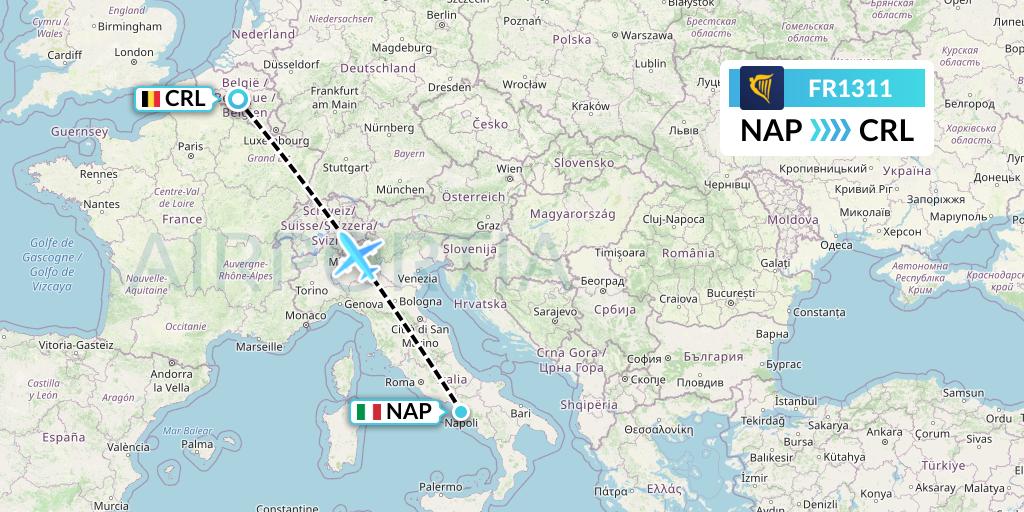 FR1311 Ryanair Flight Map: Naples to Brussels