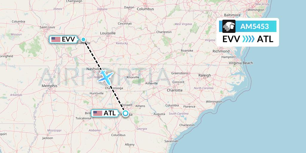 AM5453 Aeromexico Flight Map: Evansville to Atlanta