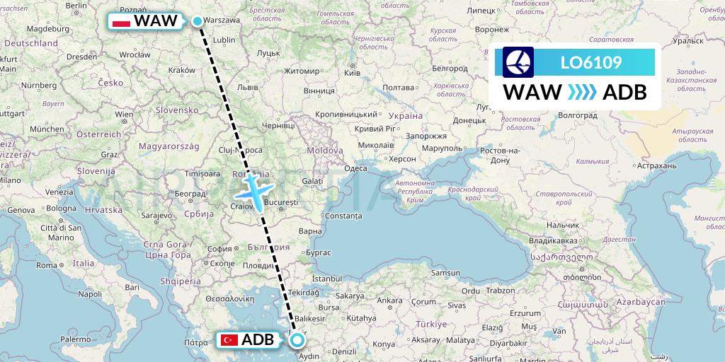 LO6109 LOT Flight Map: Warsaw to Izmir
