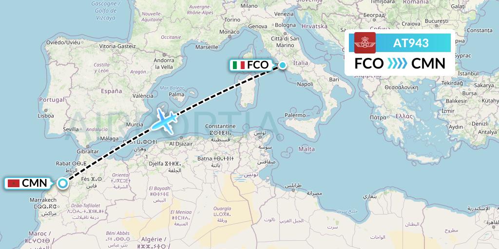 AT943 Royal Air Maroc Flight Map: Rome to Casablanca