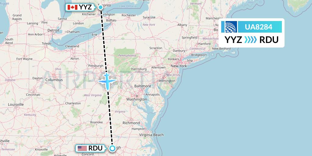 UA8284 United Airlines Flight Map: Toronto to Raleigh-Durham