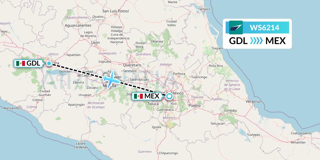 WS6214 WestJet Flight Map: Guadalajara to Mexico City