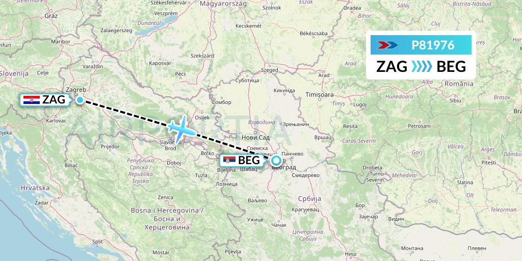 P81976 Sprint Air Flight Map: Zagreb to Belgrade