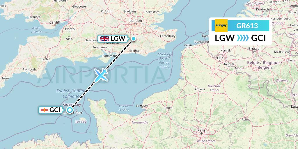 GR613 Aurigny Air Services Flight Map: London to Guernsey
