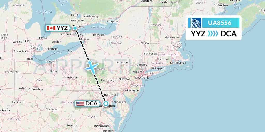 UA8556 United Airlines Flight Map: Toronto to Washington