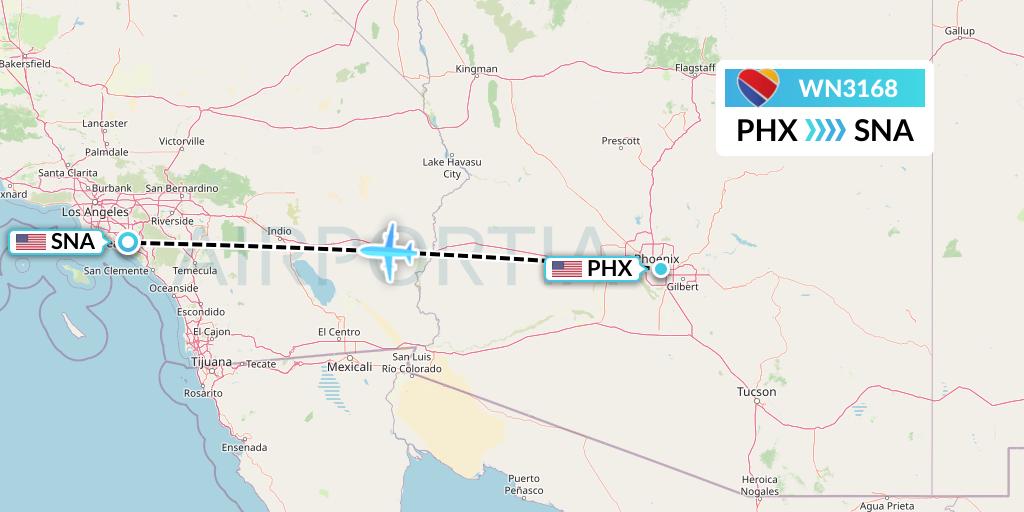 WN3168 Southwest Airlines Flight Map: Phoenix to Orange County