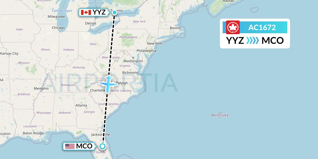 AC1672 Air Canada Flight Map: Toronto to Orlando