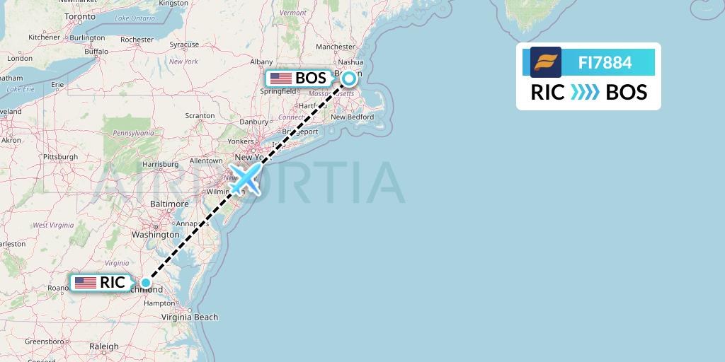 FI7884 Icelandair Flight Map: Richmond to Boston