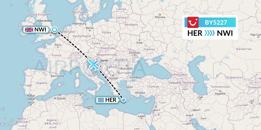 BY5227 TUI Airways Flight Map: Heraklion to Norwich