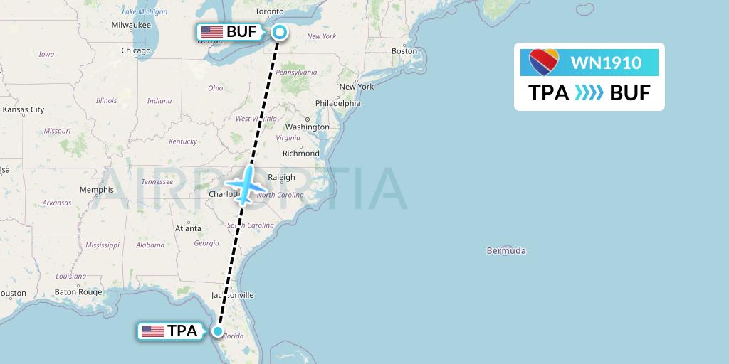 WN1910 Southwest Airlines Flight Map: Tampa to Buffalo