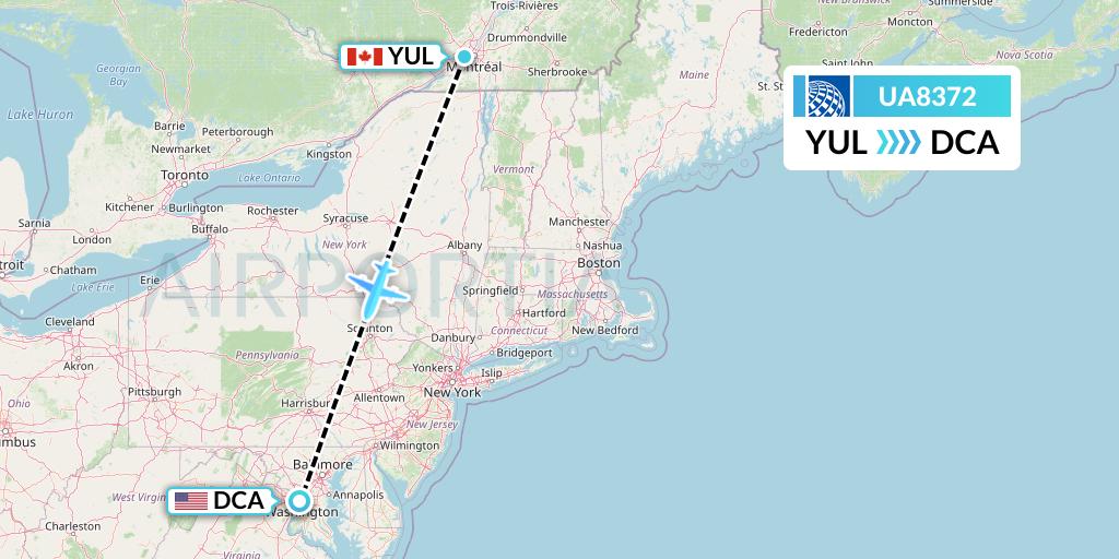 UA8372 United Airlines Flight Map: Montreal to Washington