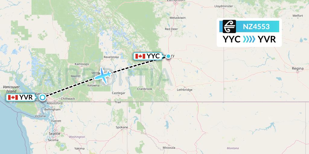 NZ4553 Air New Zealand Flight Map: Calgary to Vancouver