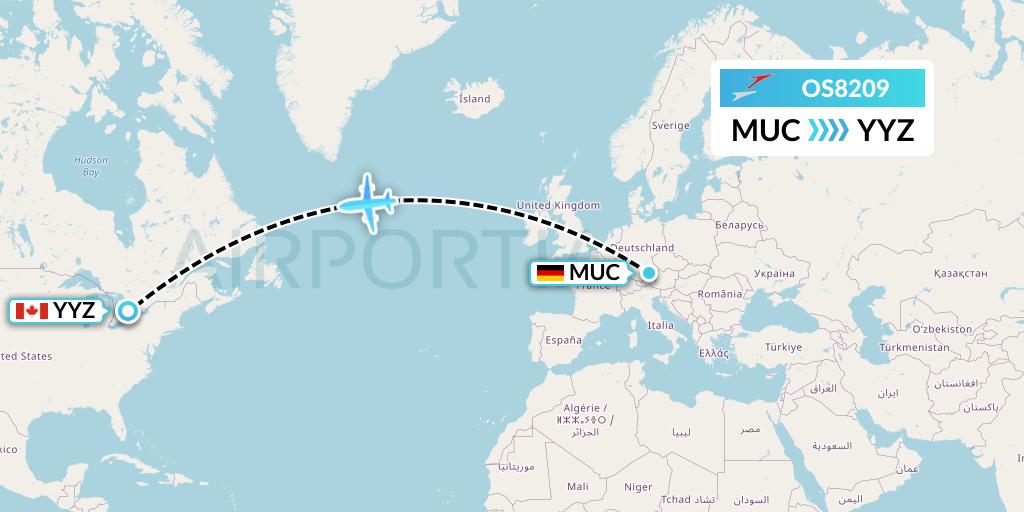 OS8209 Austrian Airlines Flight Map: Munich to Toronto